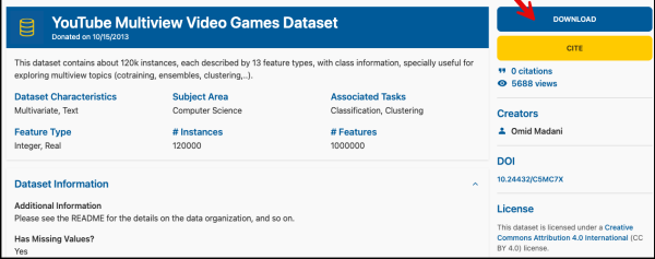 YouTube Multiview Video Games Dataset from UC Irvine Machine Learning Repository