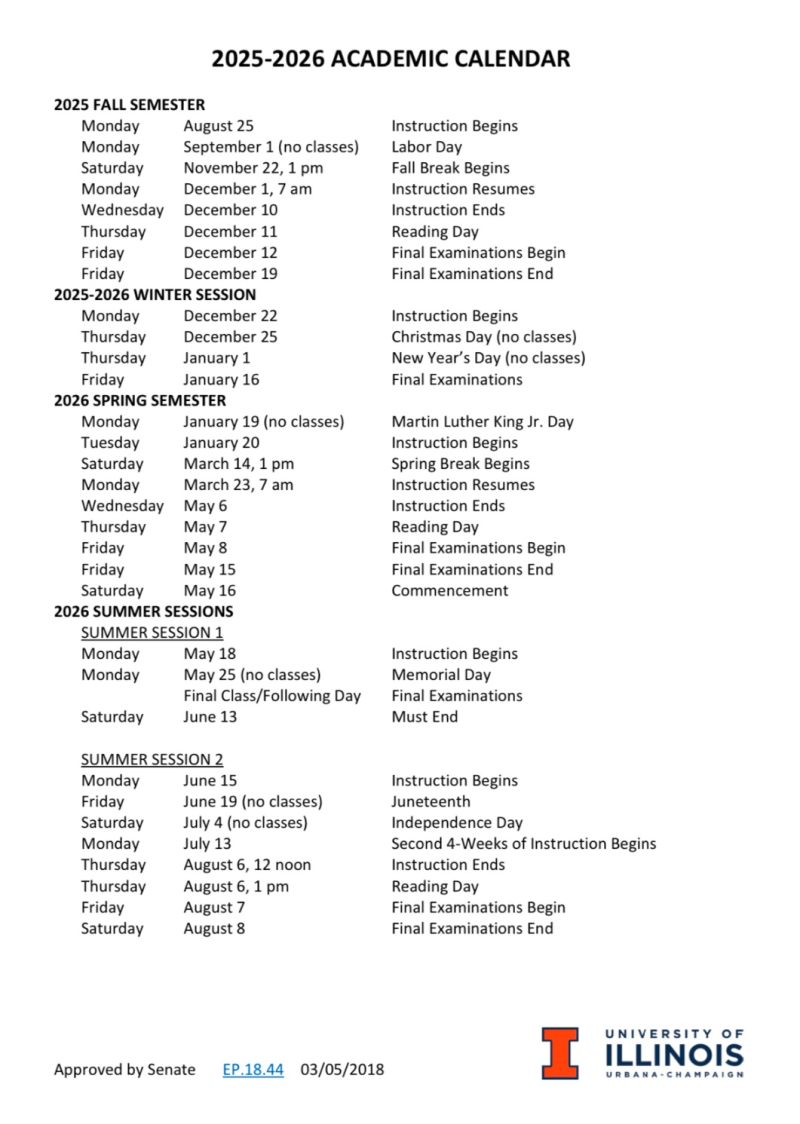 UIUC 2025-2026 Academic Calendar