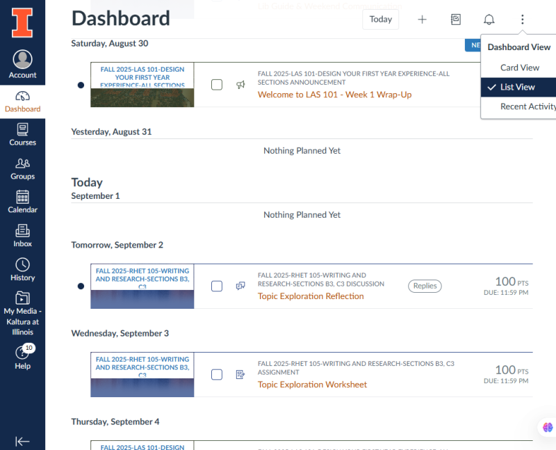 Checking Your Upcoming Assignment/Exam Schedule: Using the UIUC Canvas Dashboard for Assignment Management